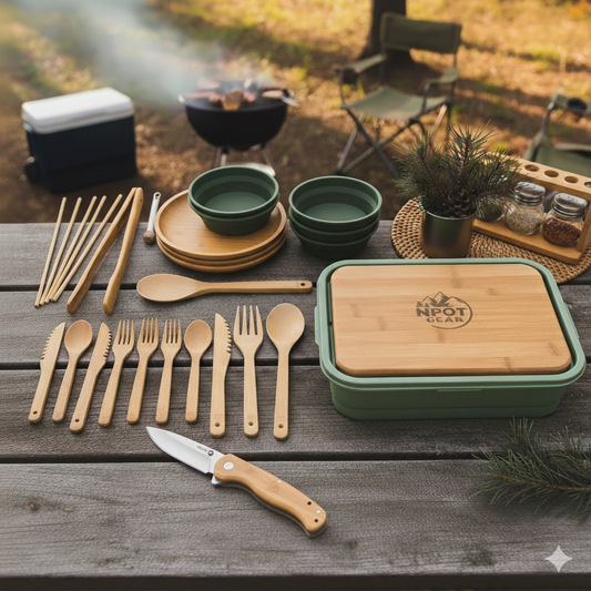 Bamboo Silicone Deluxe Portable Camping Kitchen Utensil Set